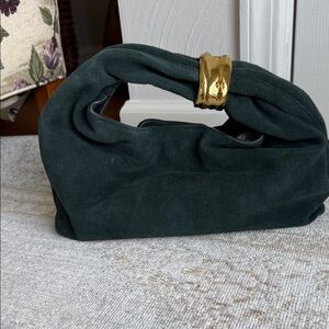 Madewell Dark Green Suede Knot-Handle Clutch with Gold Accent